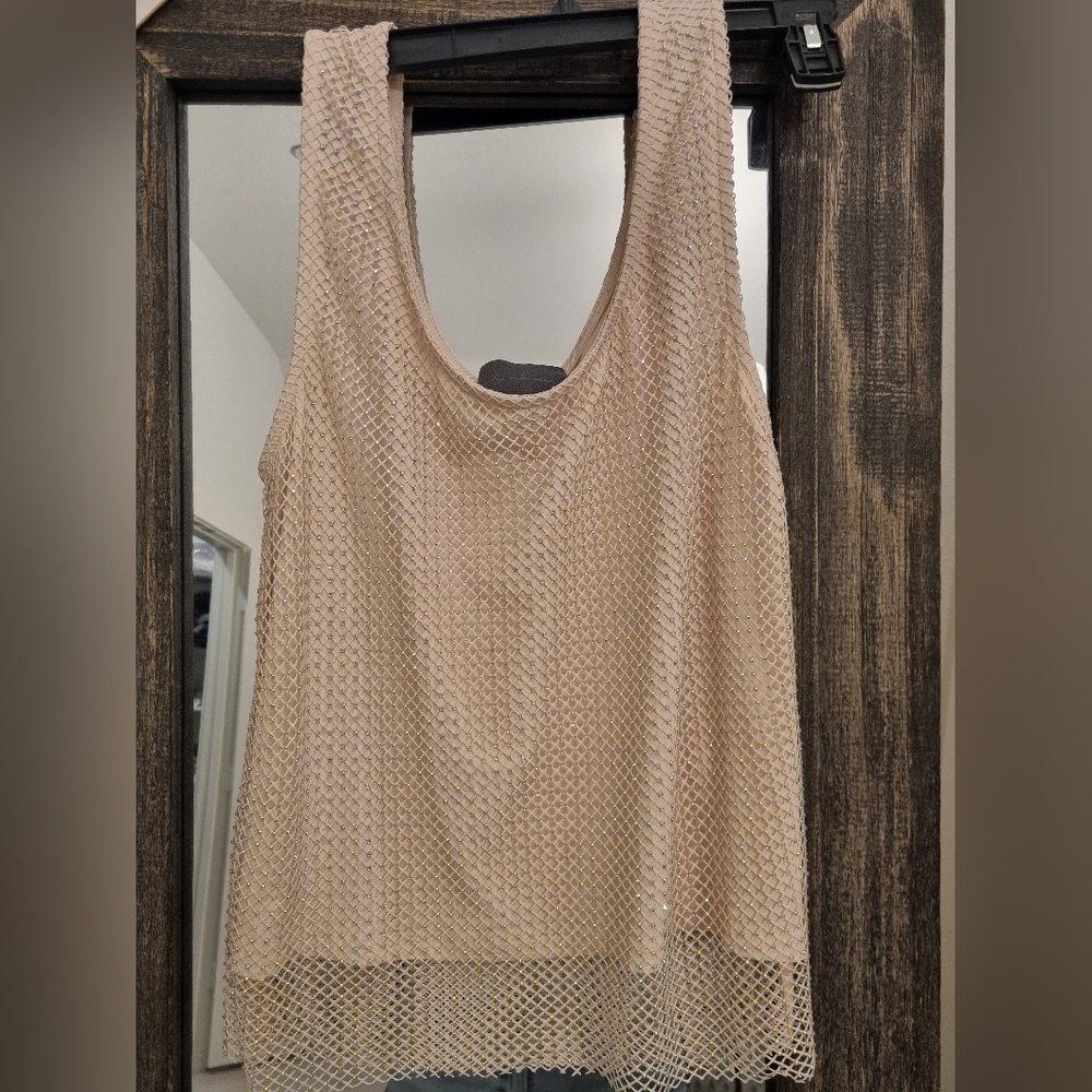 Beige Mesh Top with Rhinestones